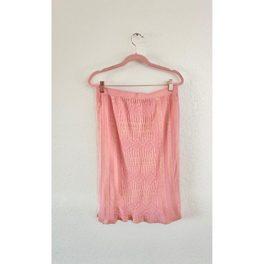 Knit Pencil Skirt Rayon Blend Geometric Pink Metallic Gold Midi Womens